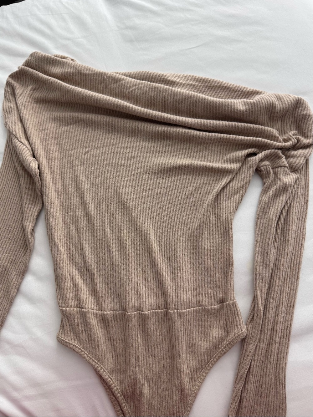 Ribbed Off-Shoulder Long Sleeve Bodysuit - Taupe
